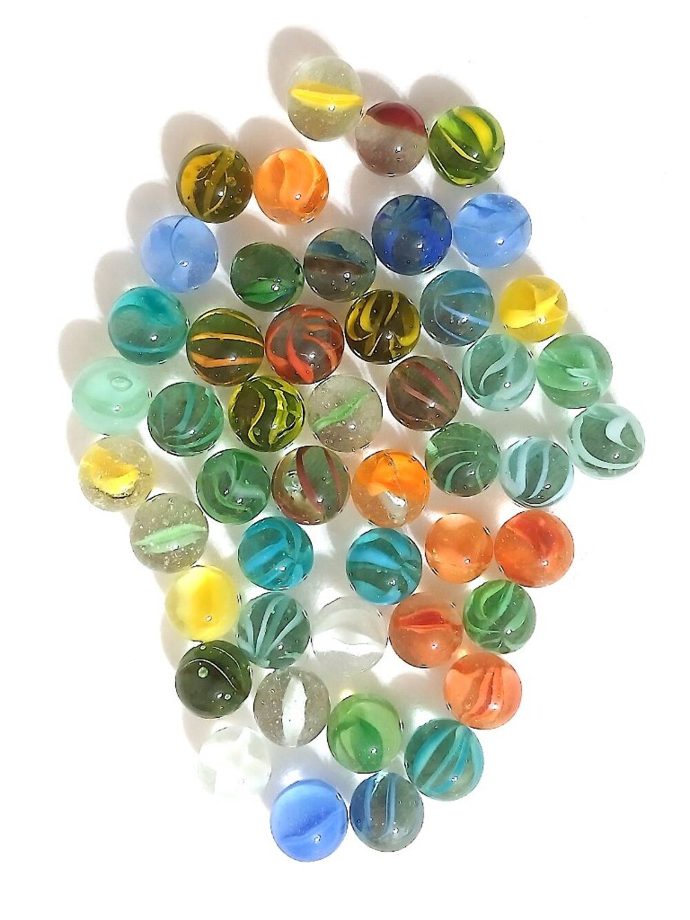 Lot of 48 Vintage Glass Marbles Labeled 1950s Cat Eye Swirl Patch Style 16–17mm